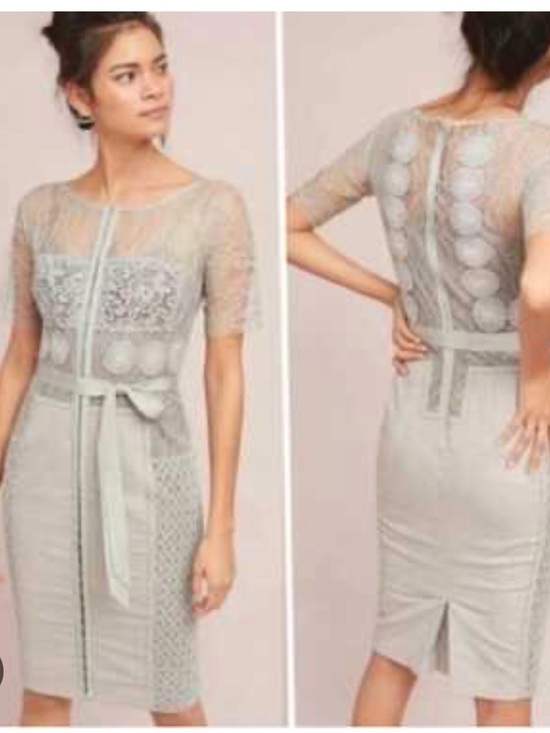 Byron Lars Dresses & Skirts - ANTHRO Byron Lars Pale Gray Lace Midi Dress with Self-Tie Waist